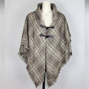 ⭐️3/ $30⭐️ Modena Women's Fringed Poncho Cape Hook Toggles Brown Plaid Sz OS